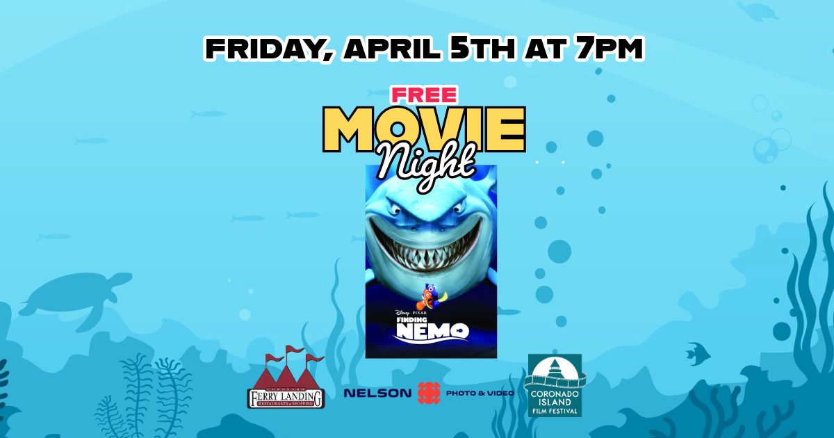 background is under the sea with finding nemo free movie night poster showing a shark