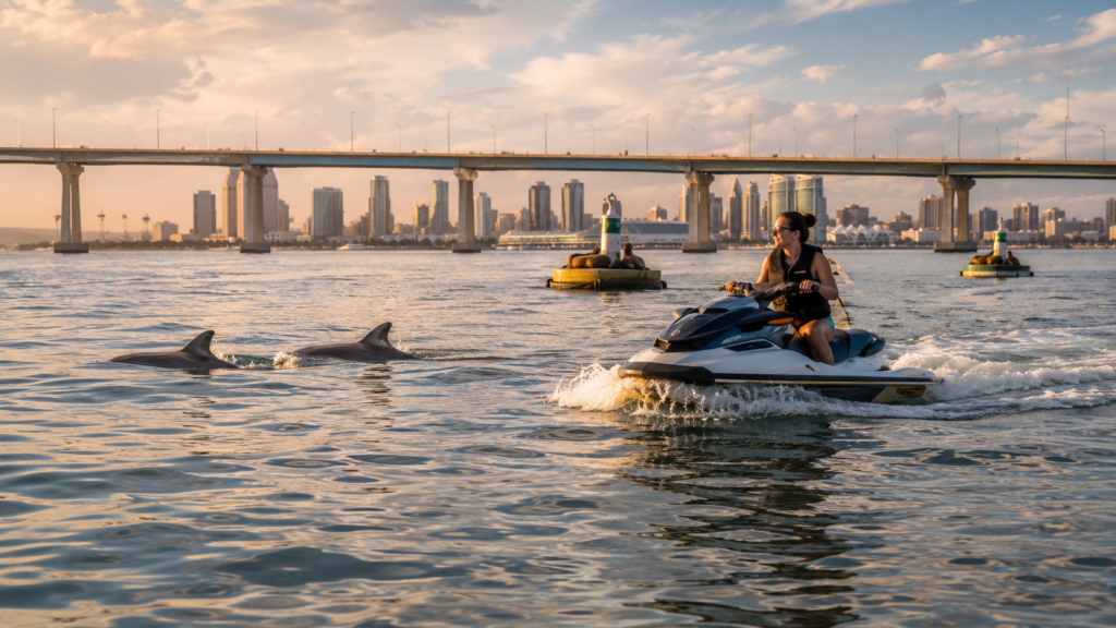 Jet ski rider on San Diego Bay near dolphins and sea lions with Coronado Bridge and skyline views