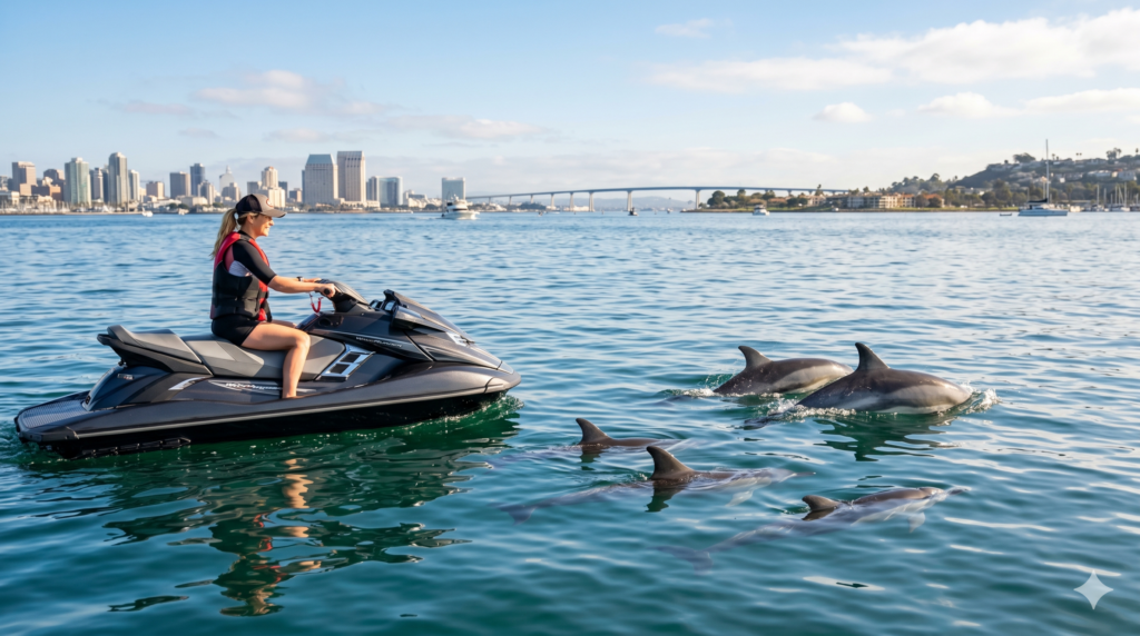 Jet ski rider keeping a safe distance from dolphins in San Diego Bay