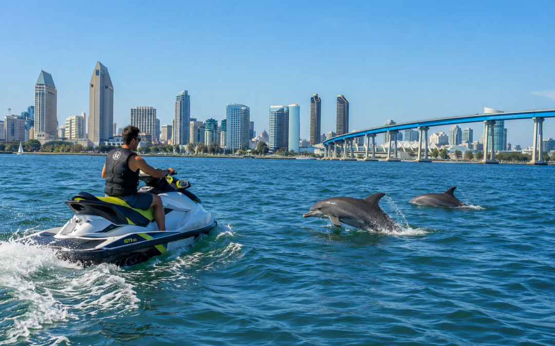Jet ski rider in San Diego Bay near dolphins with skyline and Coronado Bridge views