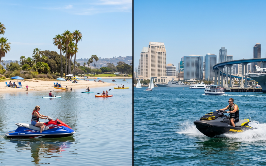 Mission Bay vs San Diego Bay jet ski rentals comparison with riders on the water in San Diego
