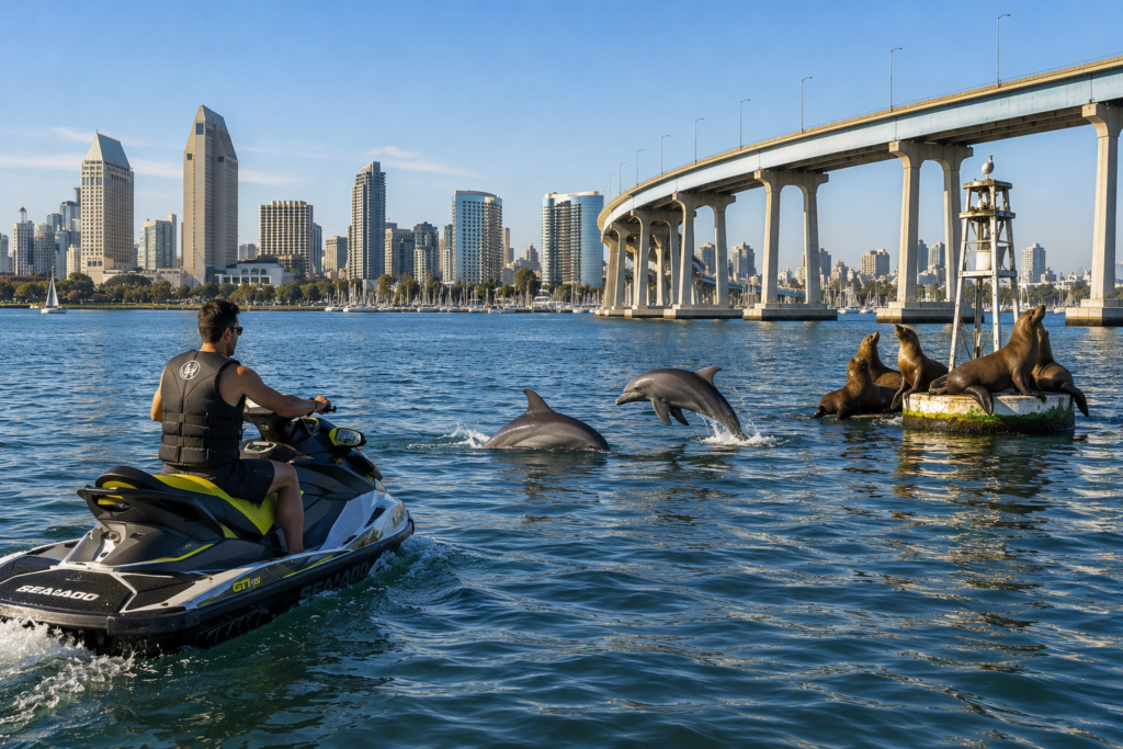Jet ski rider viewing dolphins and sea lions from a safe distance in San Diego Bay